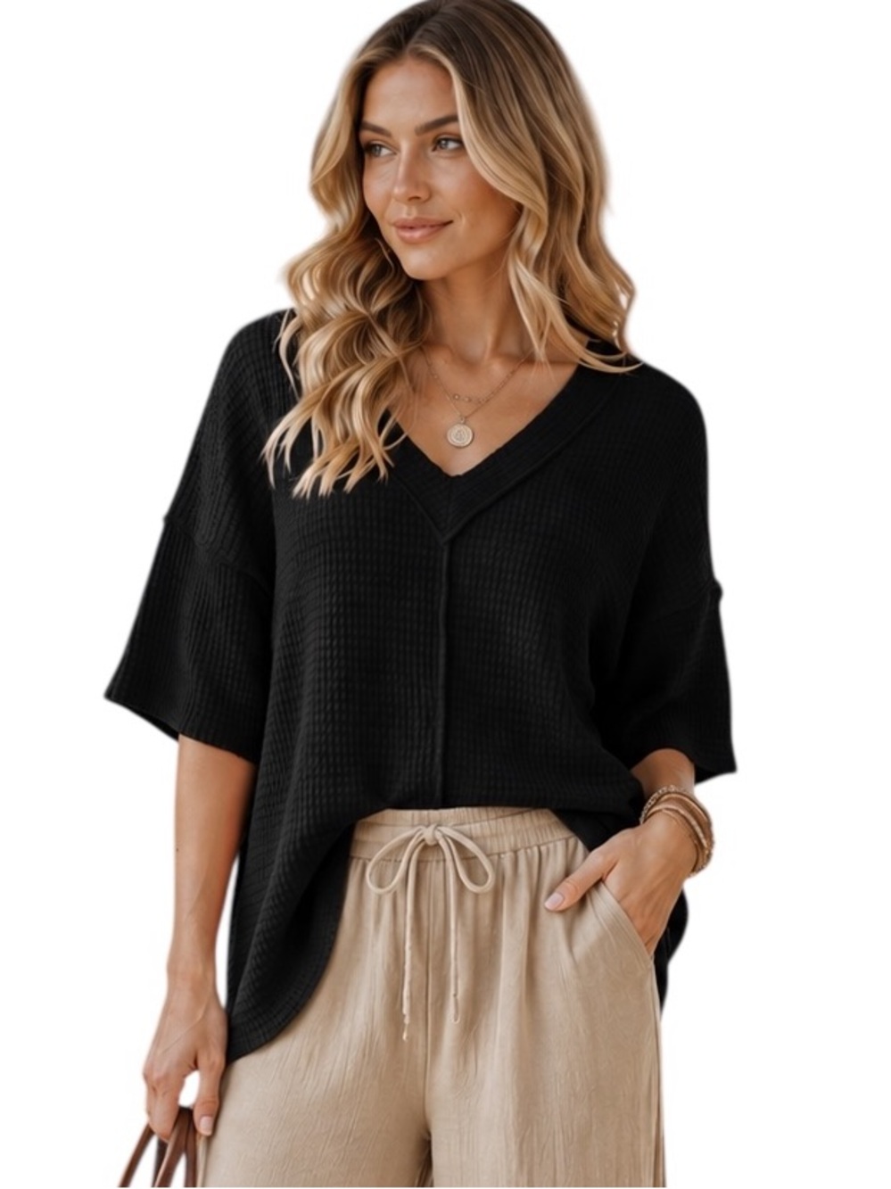 Heimish Black V-Neck Waffle Knit Short Sleeve Top